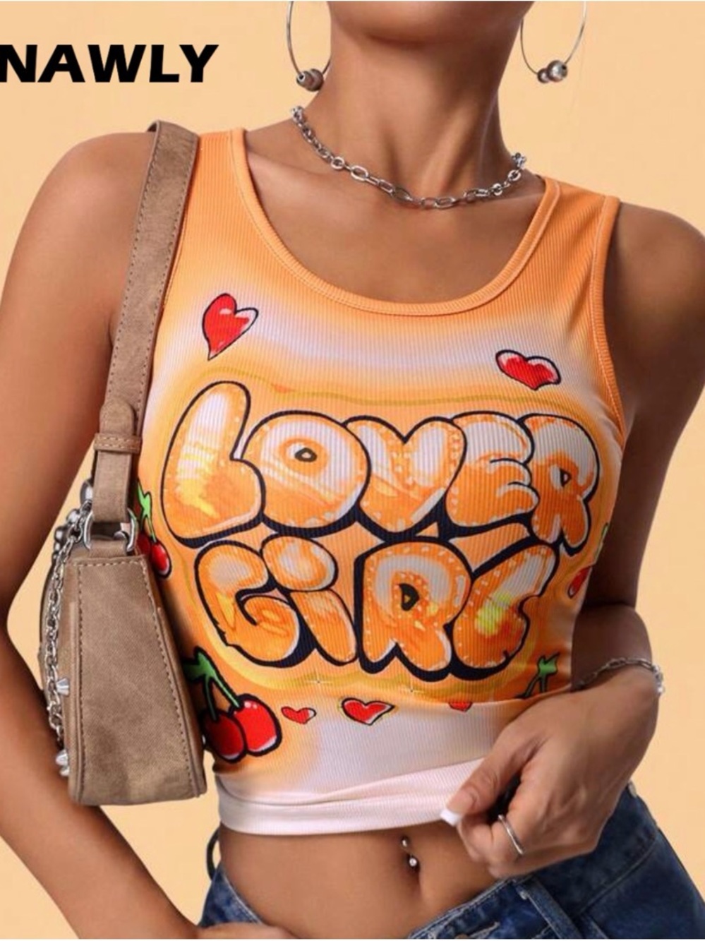SHEIN Orange Gradient "Lover Girl" Cherry Print Tank Top